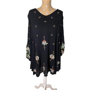 Free People Womens Oxford embroidered dress babydoll long sleeve mini Boho Small